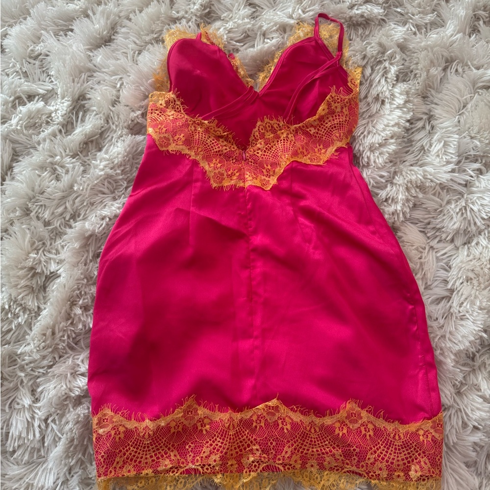 PrettyLittleThing Pink and Gold Lace Mini Dress